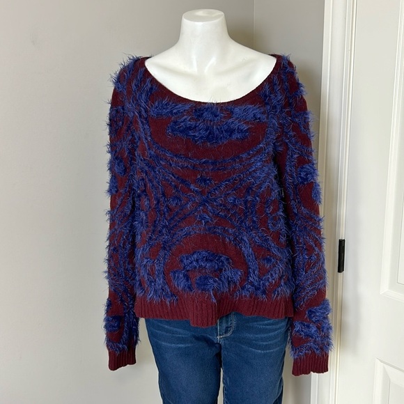 MOTH Chenille Abstract Intarsia Knit Pullover Sweater Maroon Blue Anthro Sz L - Picture 2 of 11